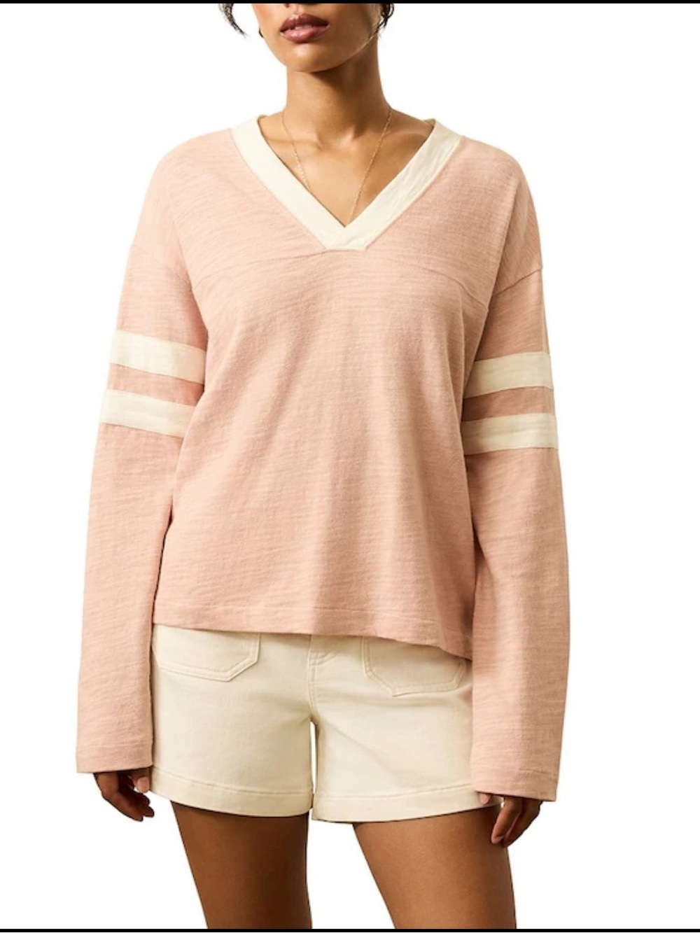Faherty Sunwashed Slub V-Neck Varsity Tee in Madder Pink - Size Large